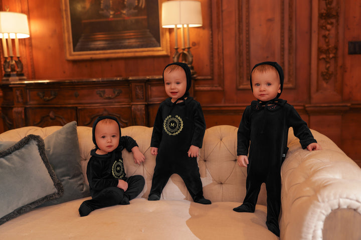 footie velour embroidered collar with bonnet - black