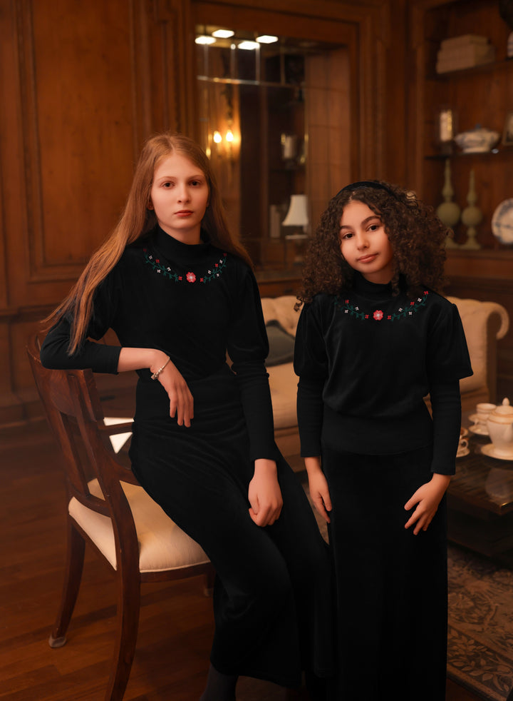 maxi dress two piece velour embroidered turtleneck and skirt - black