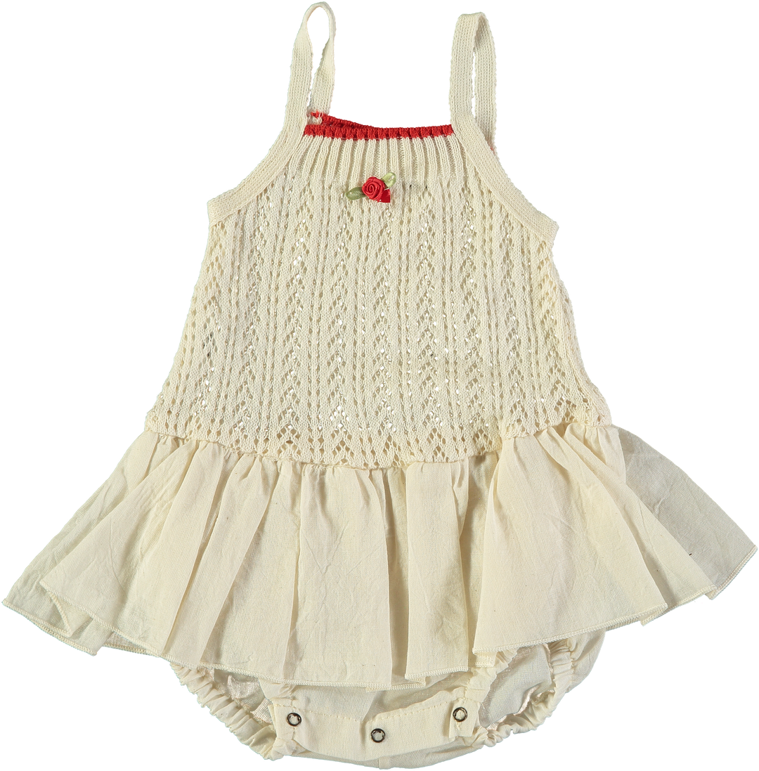 one piece crochet knit ruffle rose romper - natural/red