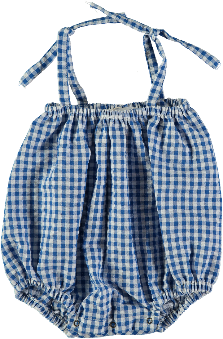 one piece gingham tie strap romper - blue