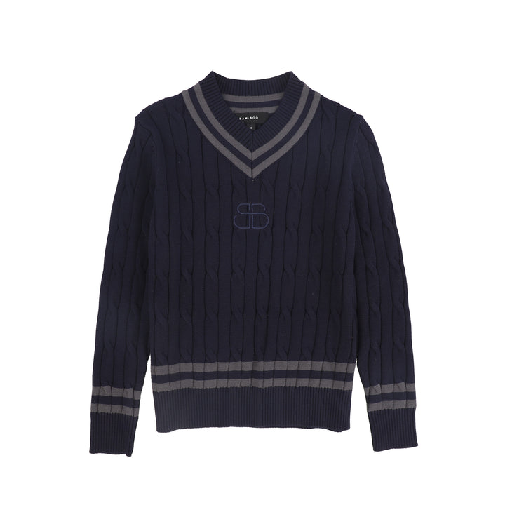 top l/s cable knit v sweater - navy