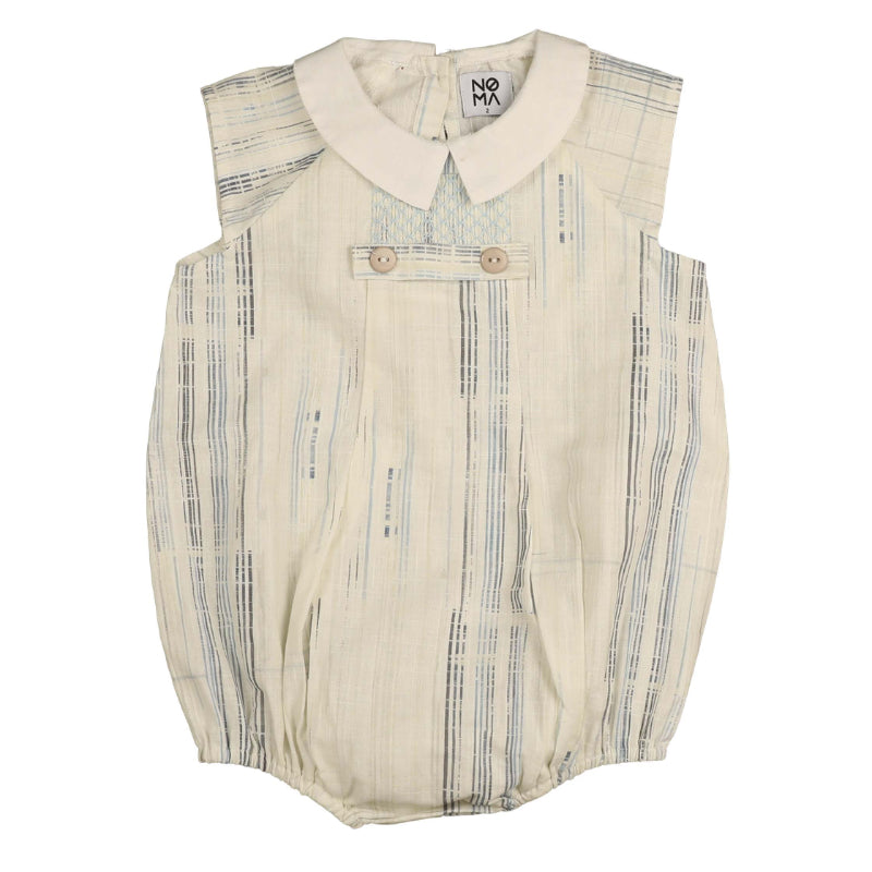 one piece distress striped smocked romper - blue