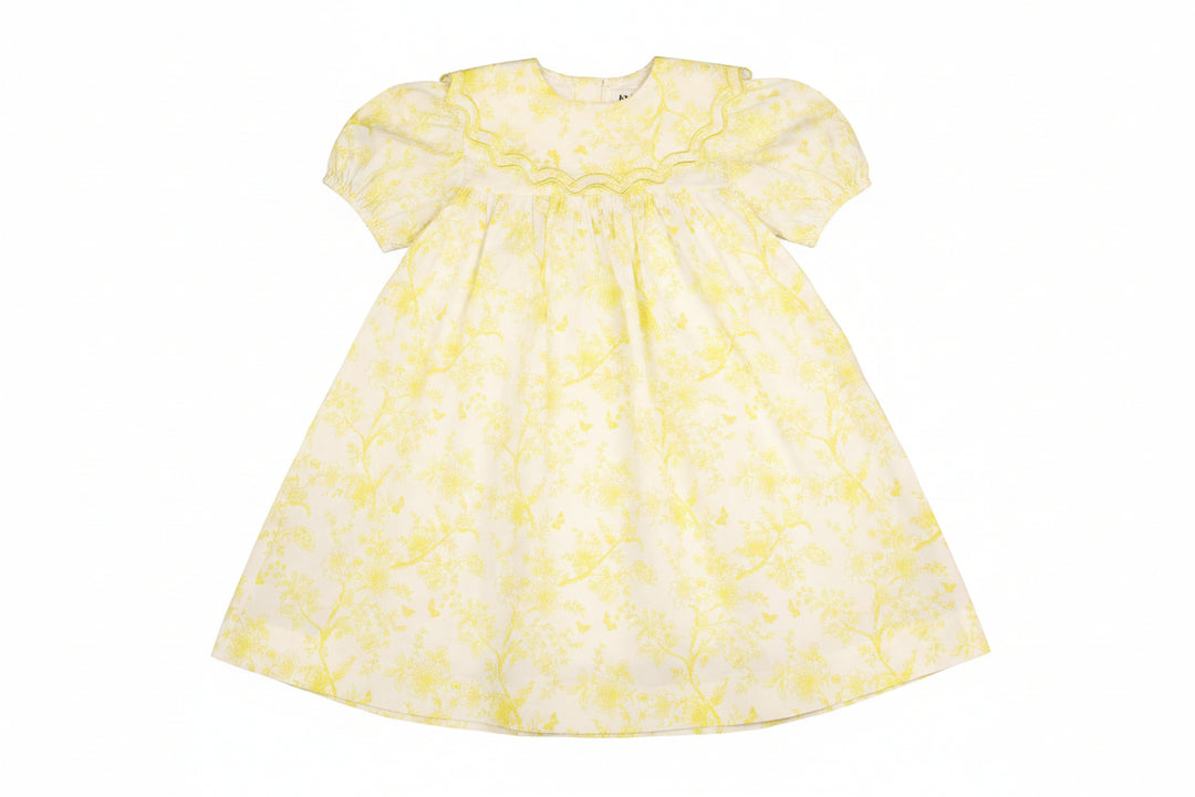 dress s/s high waisted toile floral print with linen bib - yellow