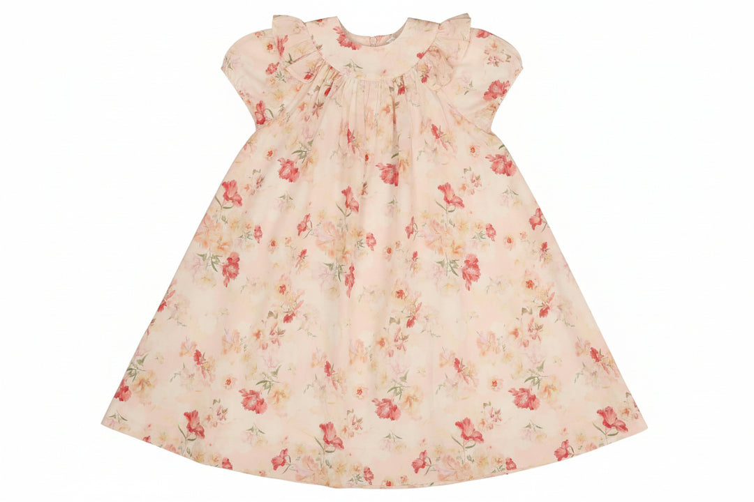 dress s/s watercolor floral ruffle detail - peach