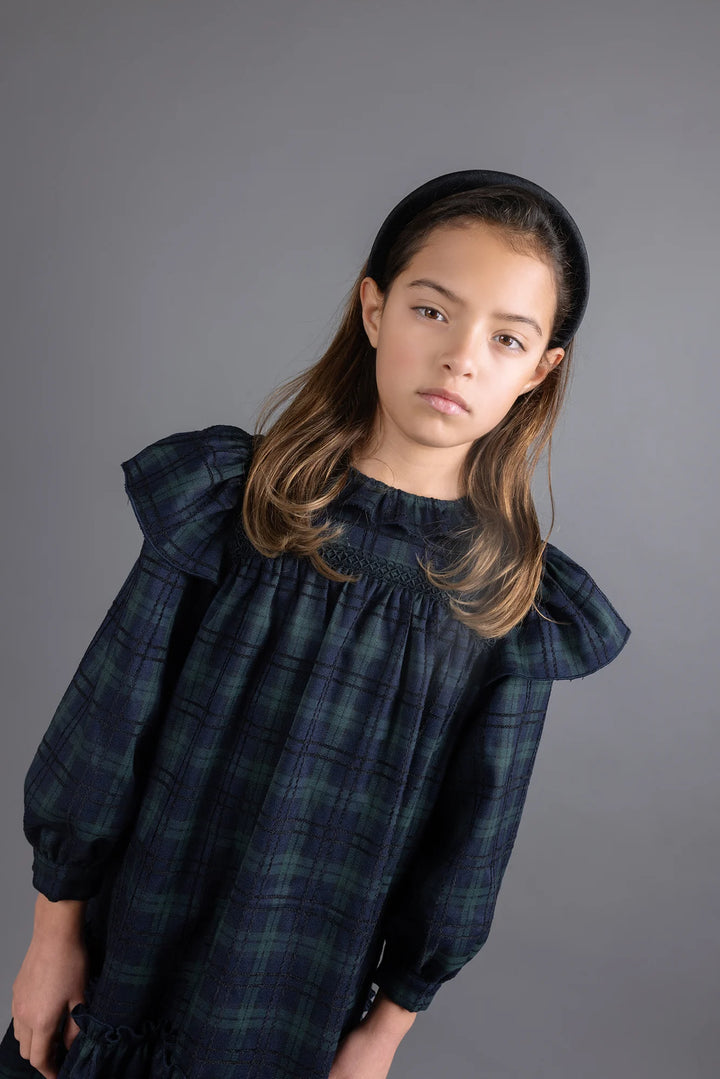 dress plaid frill sleeve with lace detail - navy