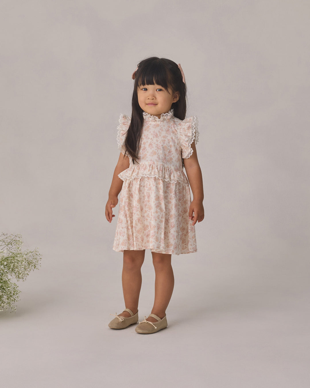 dress floral print flutter with lace trim - ivory