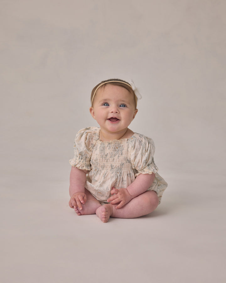 one piece smocked english rose print romper - ivory