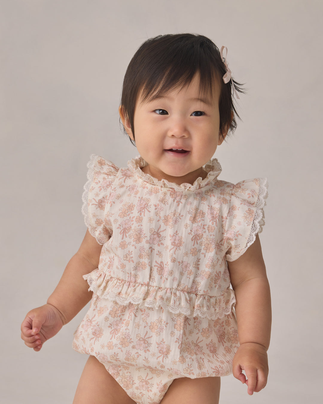 one piece floral print flutter romper with lace trim - ivory