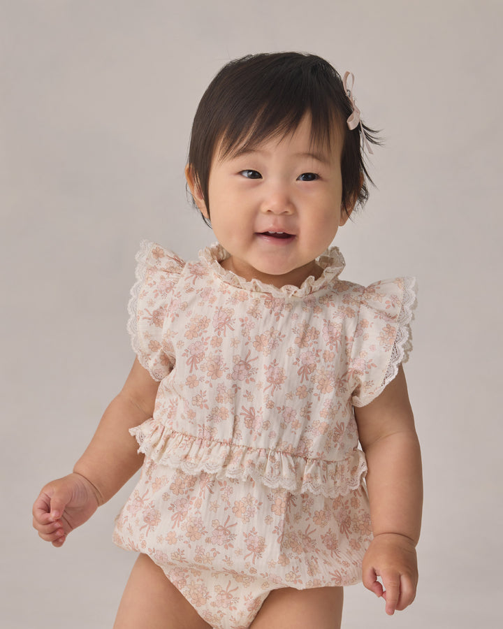 one piece floral print flutter romper with lace trim - ivory