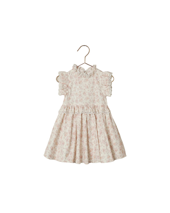 dress floral print flutter with lace trim - ivory