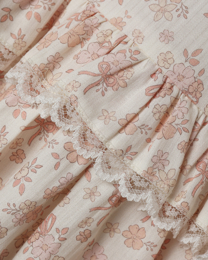 dress floral print flutter with lace trim - ivory