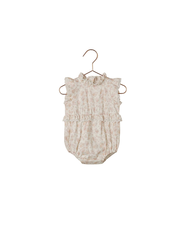 one piece floral print flutter romper with lace trim - ivory