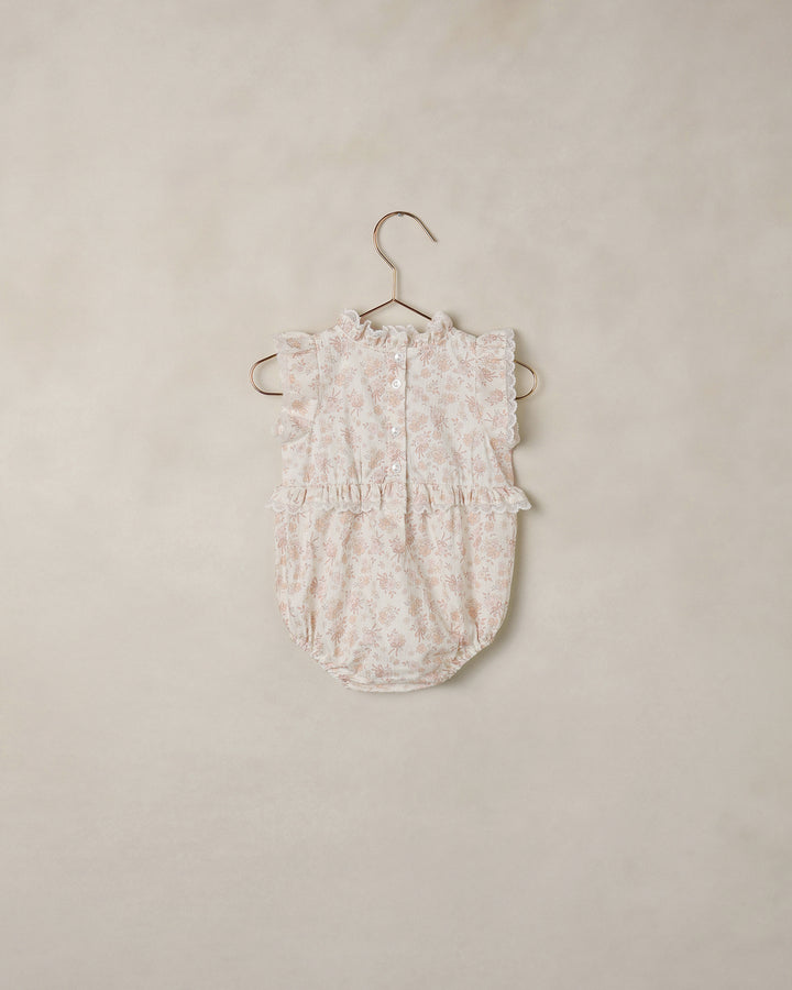 one piece floral print flutter romper with lace trim - ivory