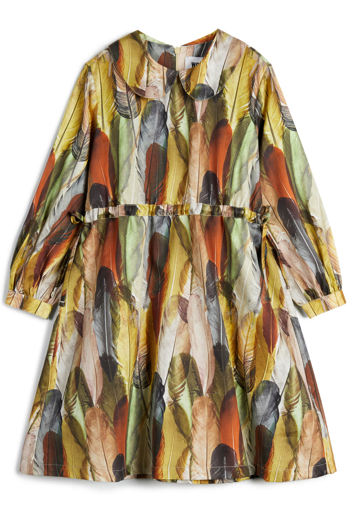 dress feather print waisted round collar - noemia indios