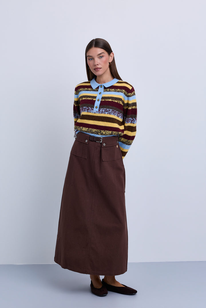 skirt midi pocket covered belt - brown