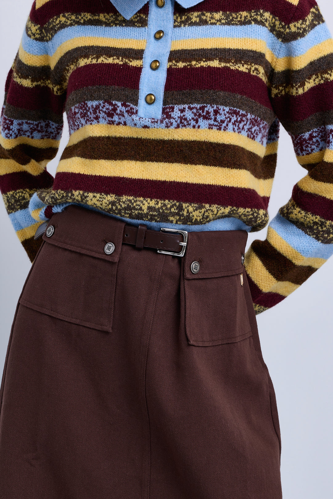 skirt midi pocket covered belt - brown