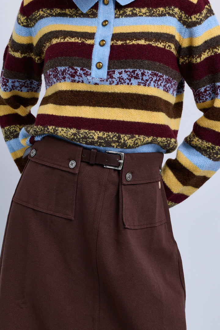 skirt midi pocket covered belt - brown