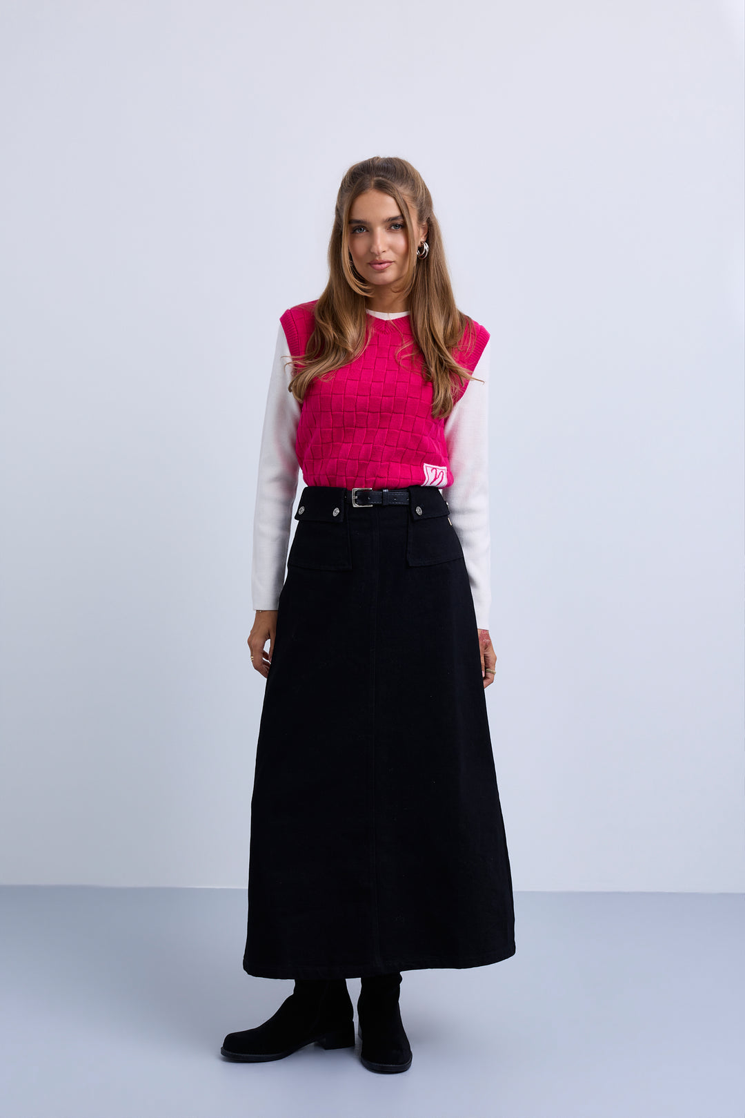 skirt midi pocket covered belt - black