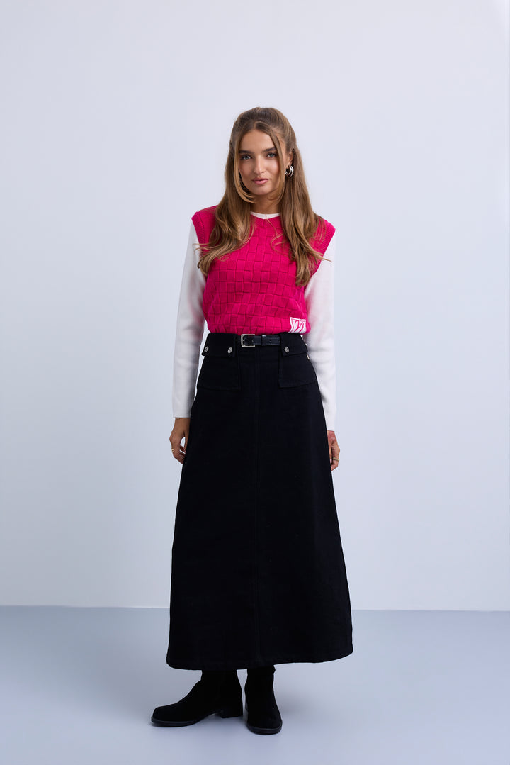 skirt midi pocket covered belt - black