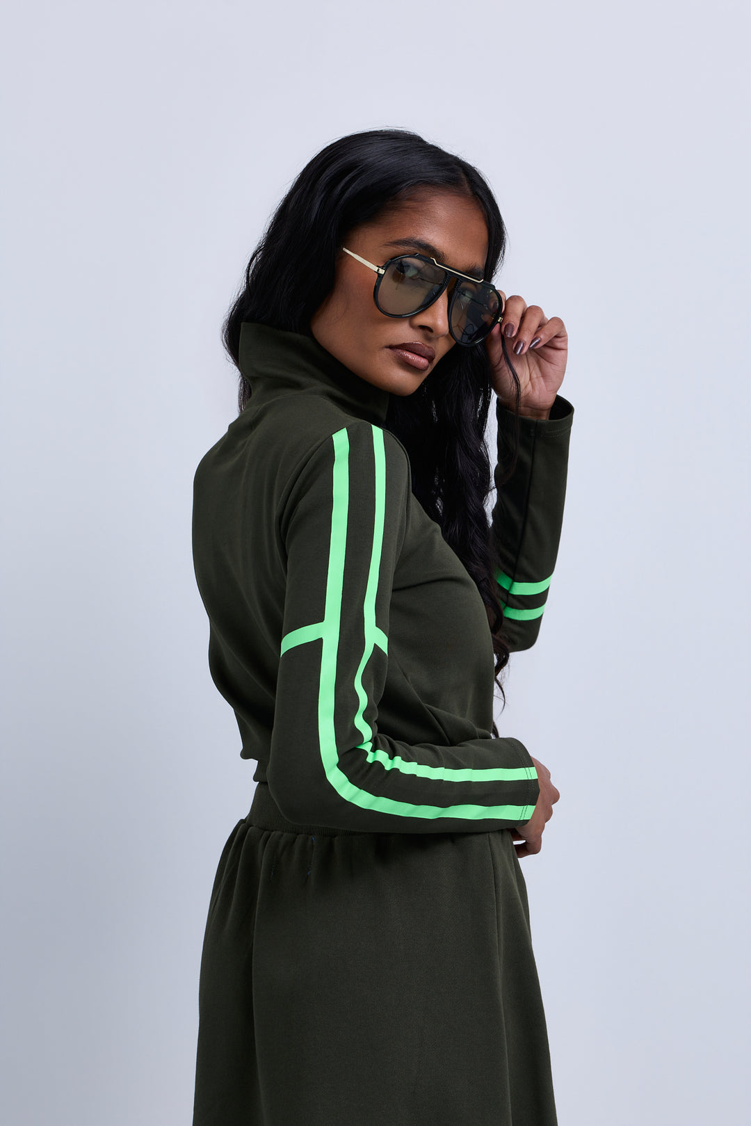 set outfit top and skirt neon lines drawstring - green