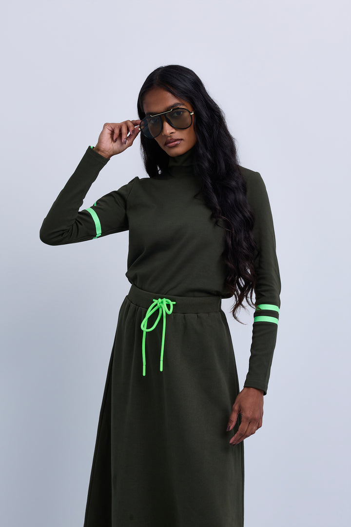 set outfit top and skirt neon lines drawstring - green