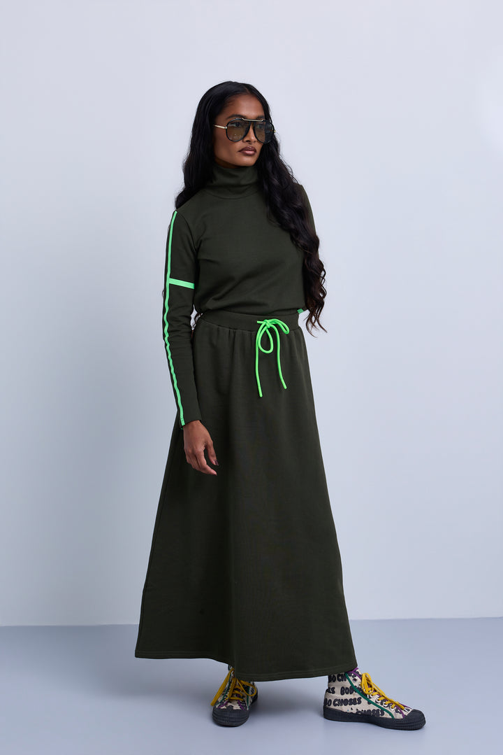 set outfit top and skirt neon lines drawstring - green