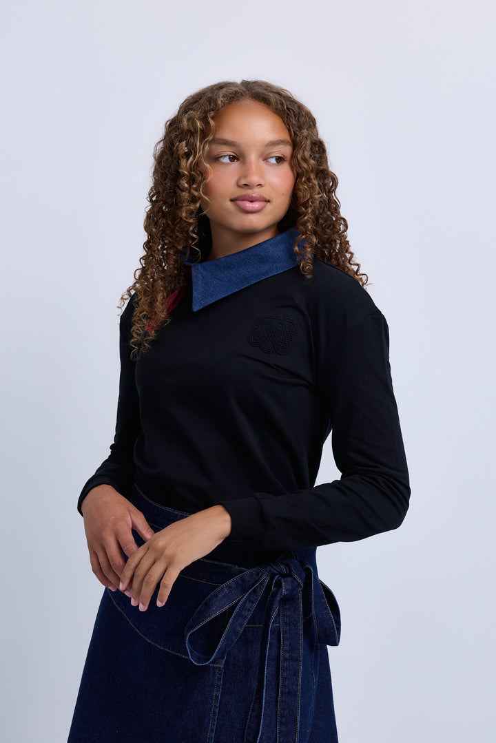 polo l/s denim collar - black