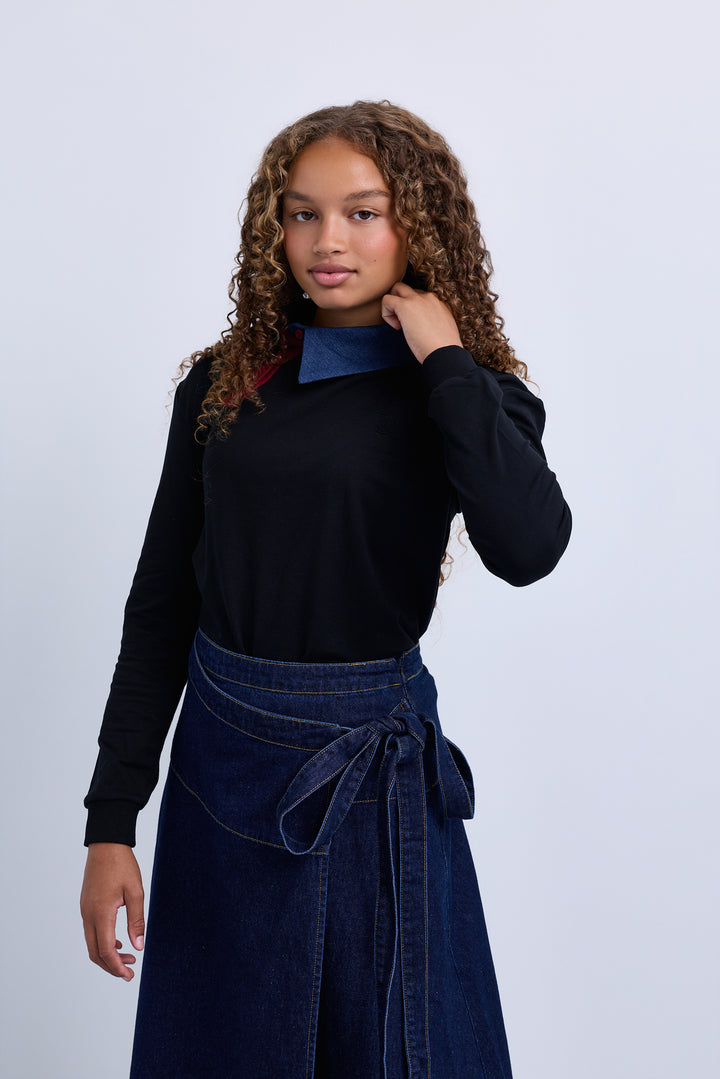 polo l/s denim collar - black