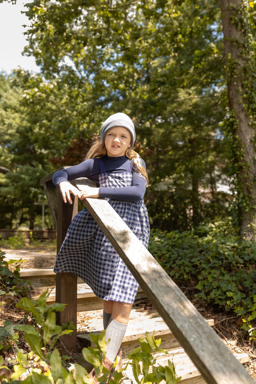 dress gingham strap jumper - navy