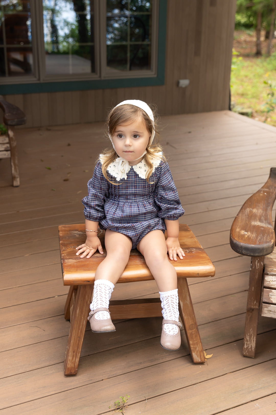 one piece bubble plaid romper with floral collar - navy/burgundy