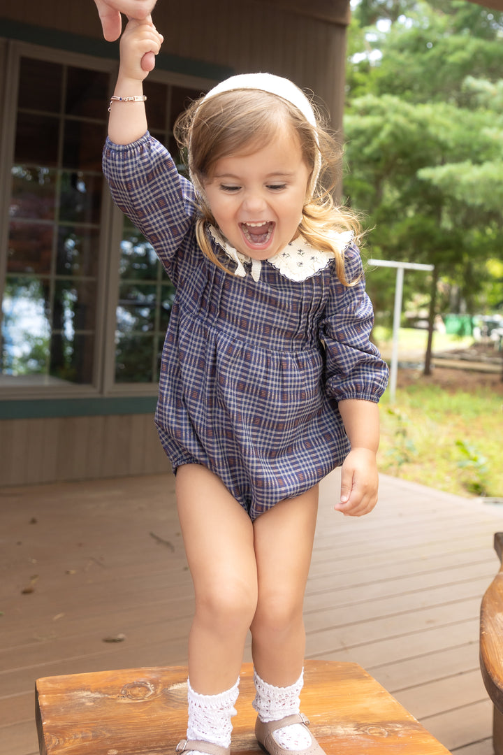 one piece bubble plaid romper with floral collar - navy/burgundy