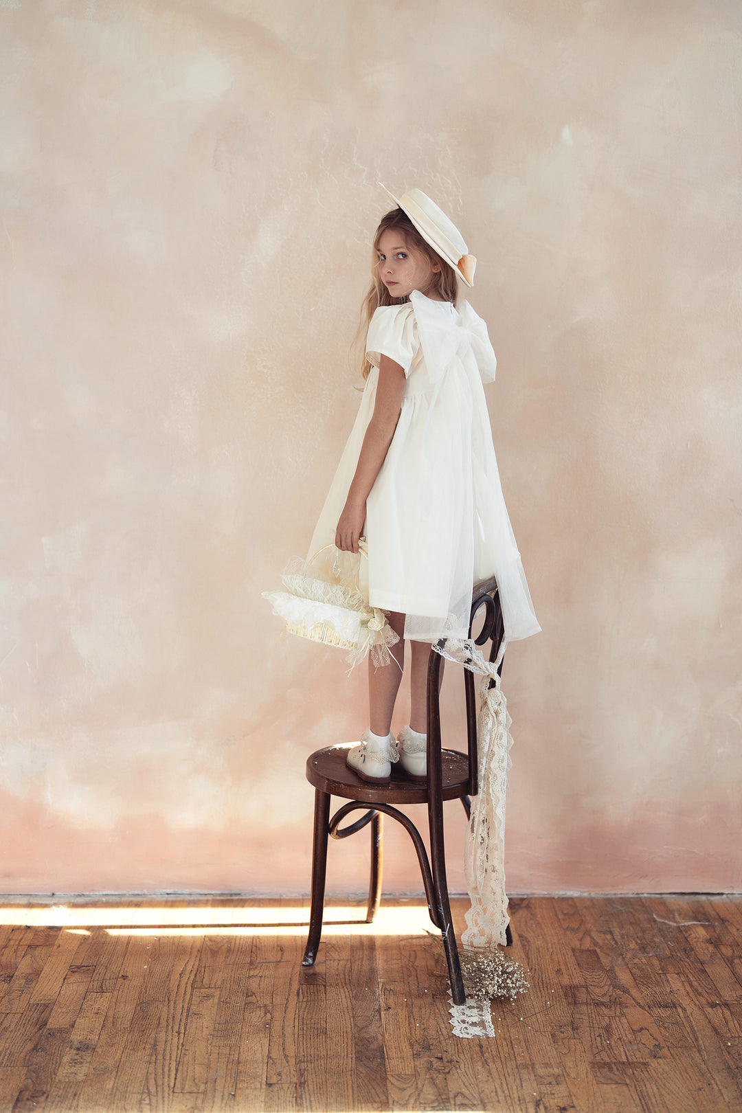dress 3/4 sleeves high waisted taffeta tulle bow tie in back - cream