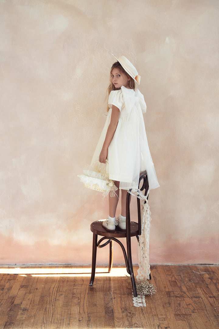dress 3/4 sleeves high waisted taffeta tulle bow tie in back - cream