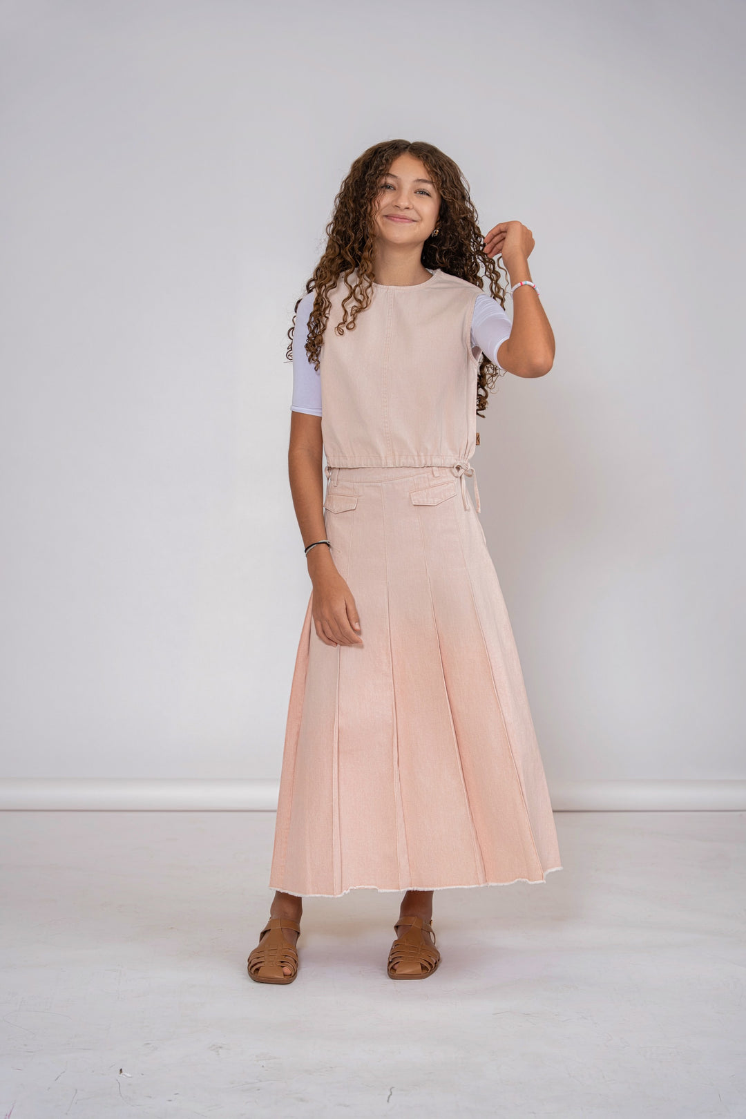 vest denim cropped with side ties - pink