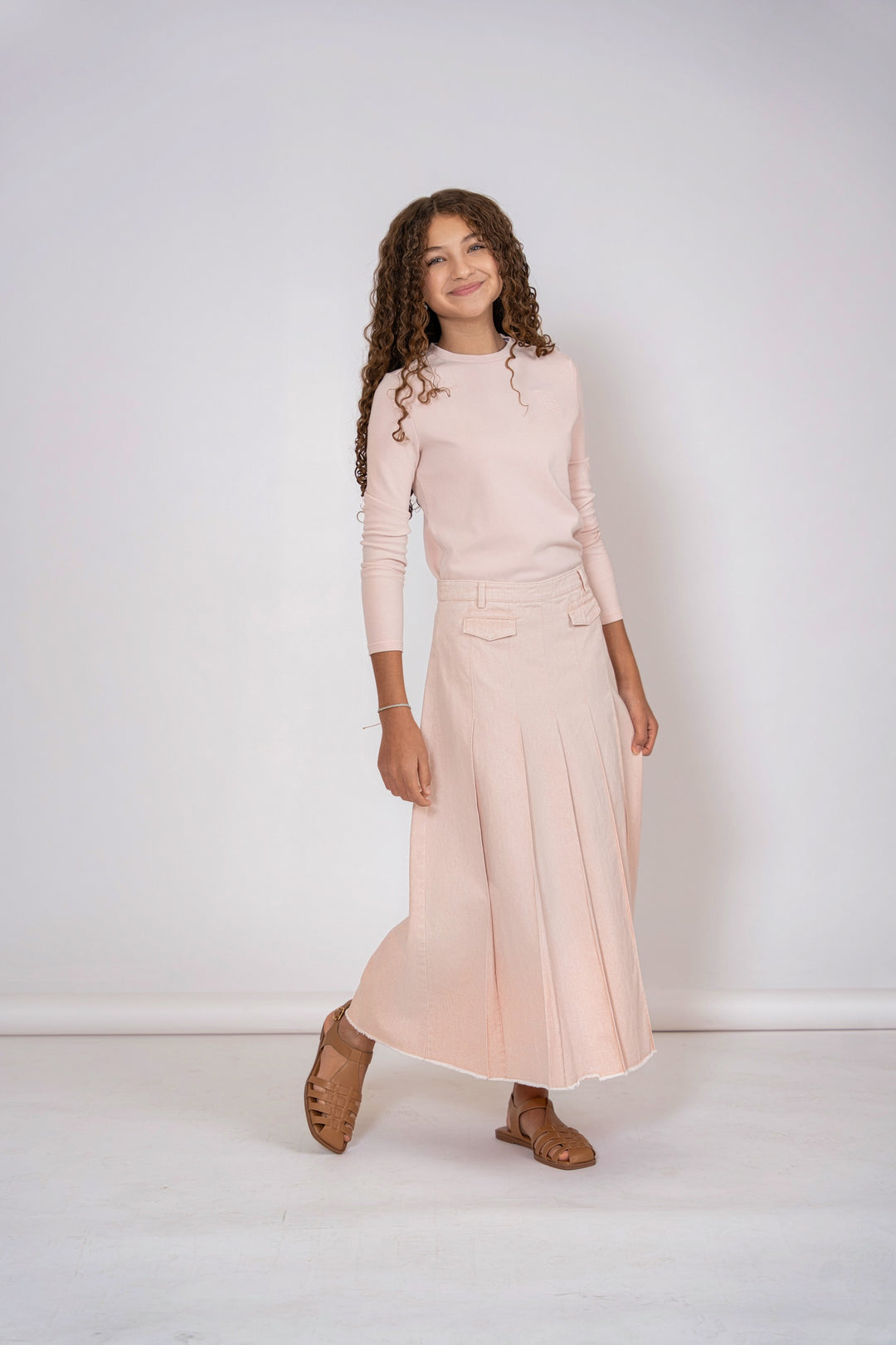 skirt denim pleated with fringed hem - pink