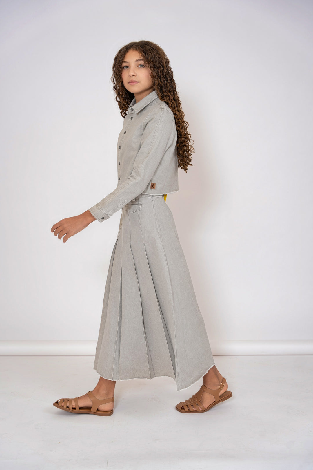 skirt denim pleated with fringed hem - grey