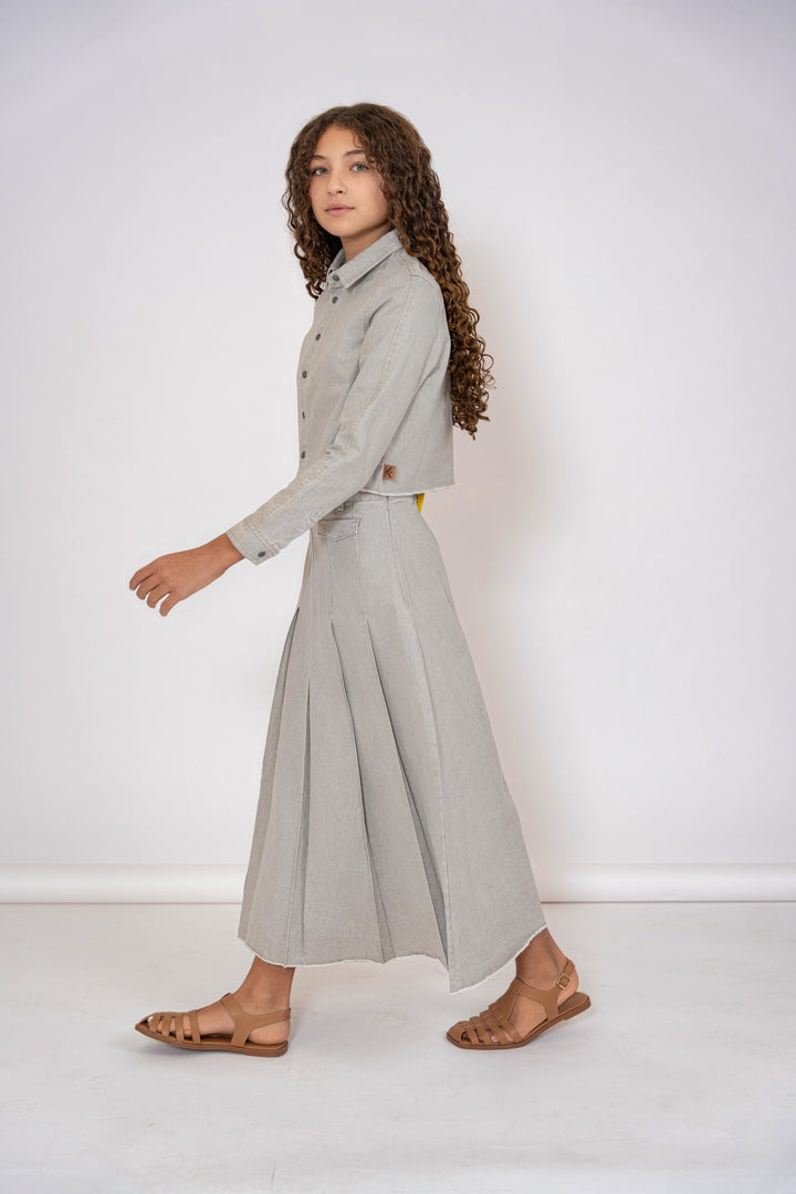 skirt denim pleated with fringed hem - grey