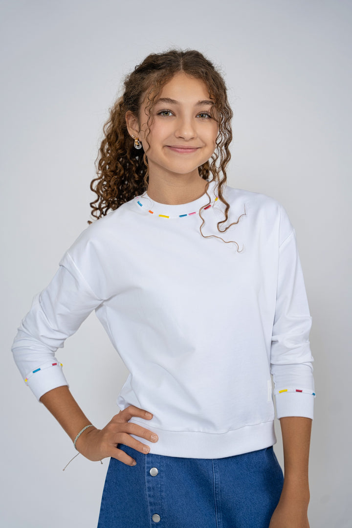 top l/s multicolor stitch sweatshirt - white