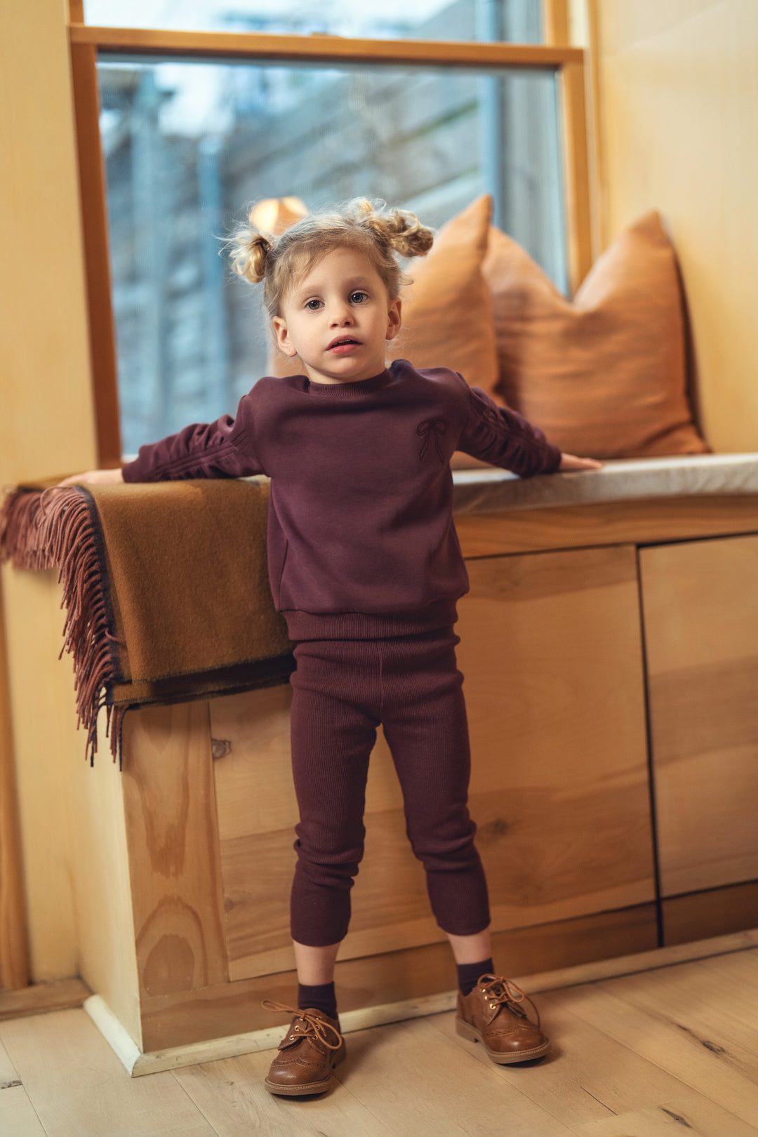 set outfit bow embroidered sweatshirt and sweatpants  - eggplant-84