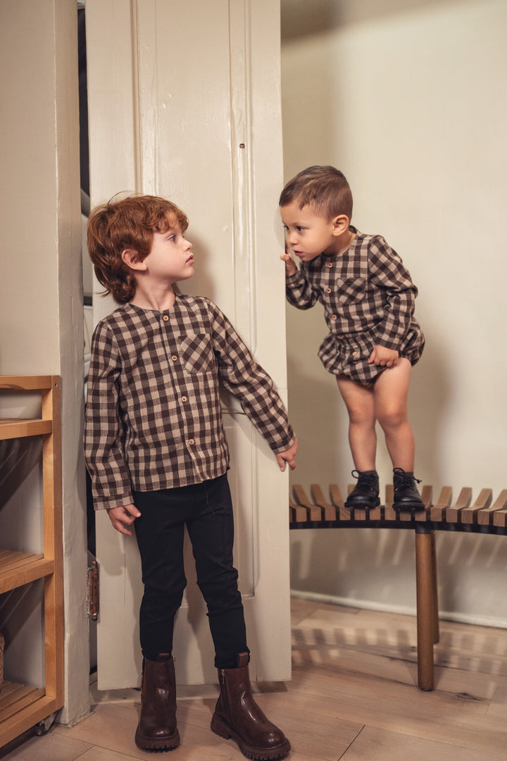 shirt l/s checkered collarless - earth-48