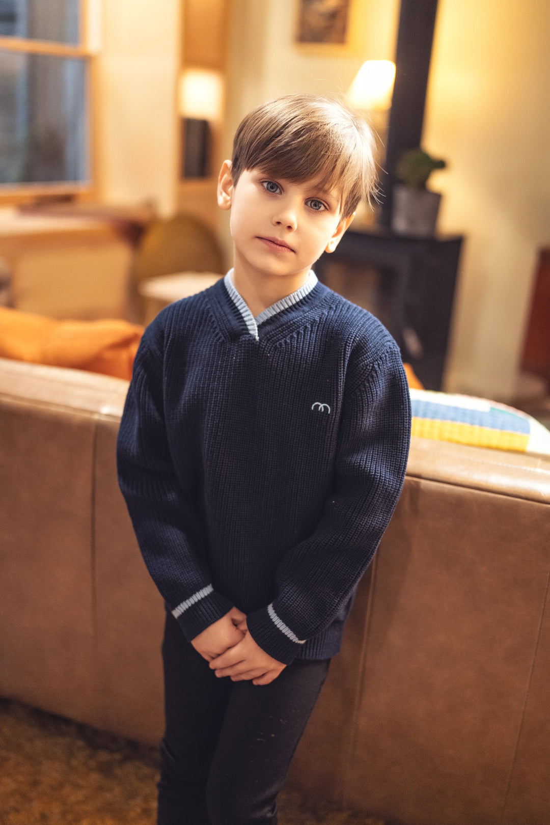 top l/s chunky knit stripe v neck sweater - navy-8