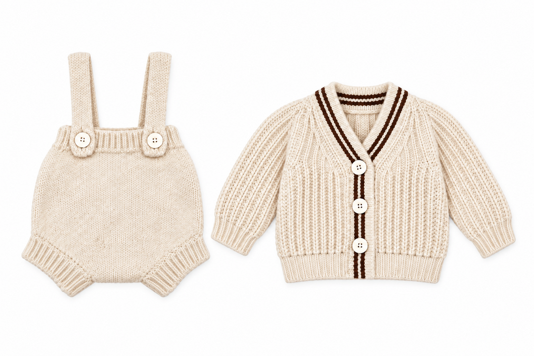 set outfit wool striped trim cardigan and overalls - tan/chocolate stripe
