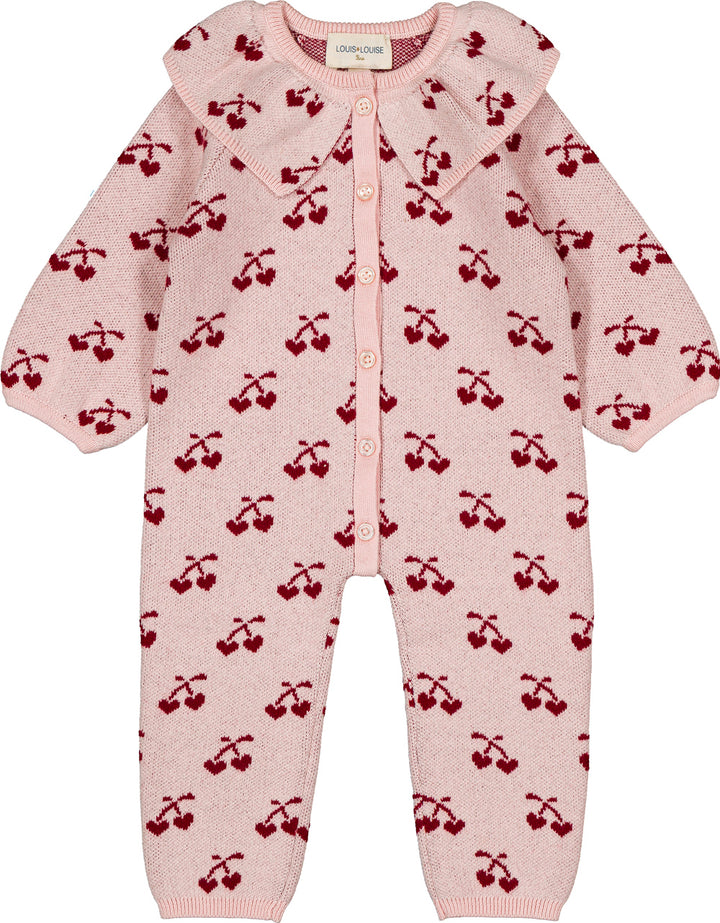 one piece wool knit cherry print long overalls with collar - pink/burgundy