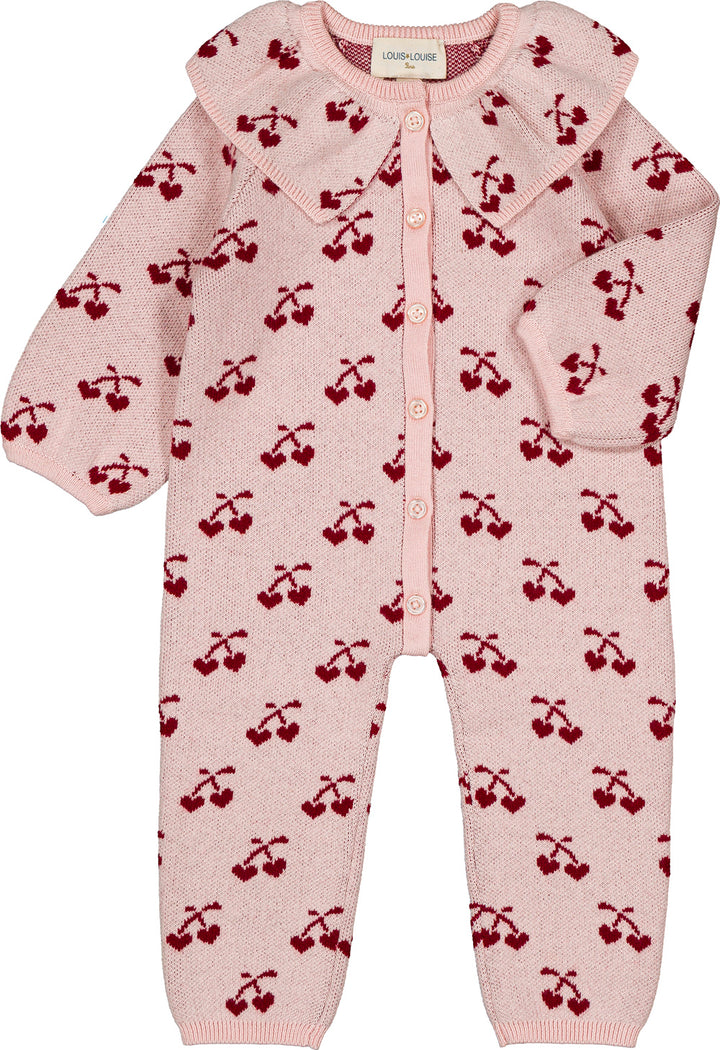 one piece wool knit cherry print long overalls with collar - pink/burgundy