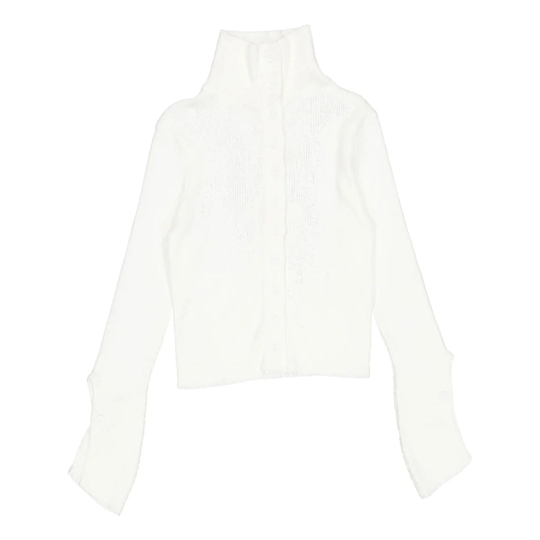 top l/s knit button down turtleneck cardigan - cream