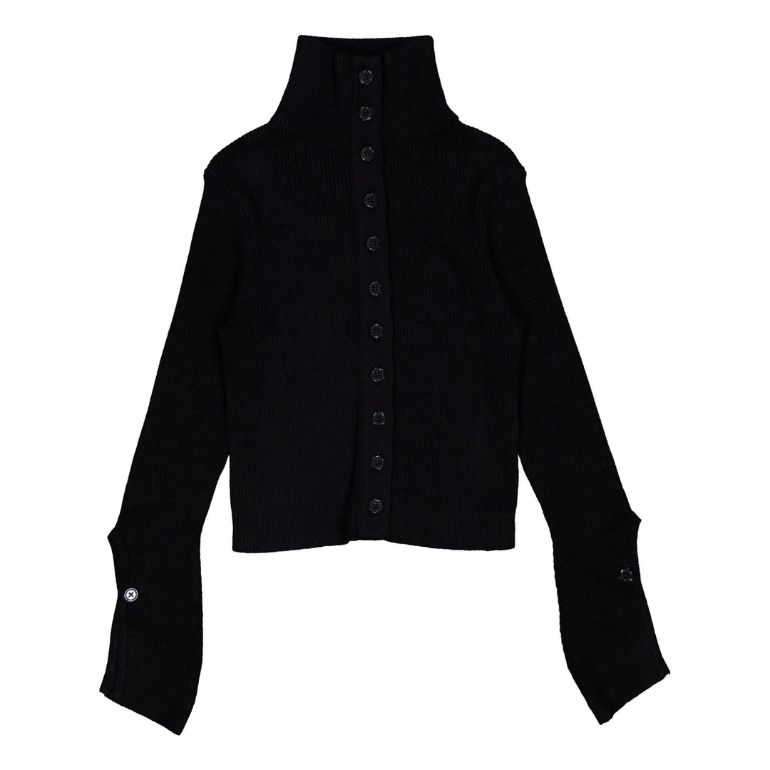 top l/s knit button down turtleneck cardigan - black