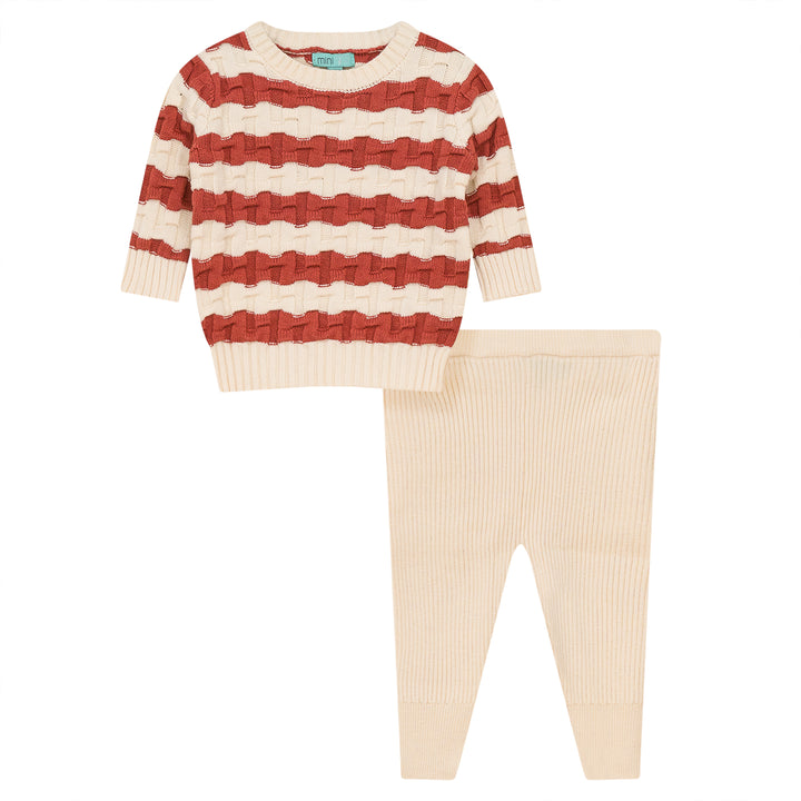 set outfit knit weave top and legging - ivory/coral