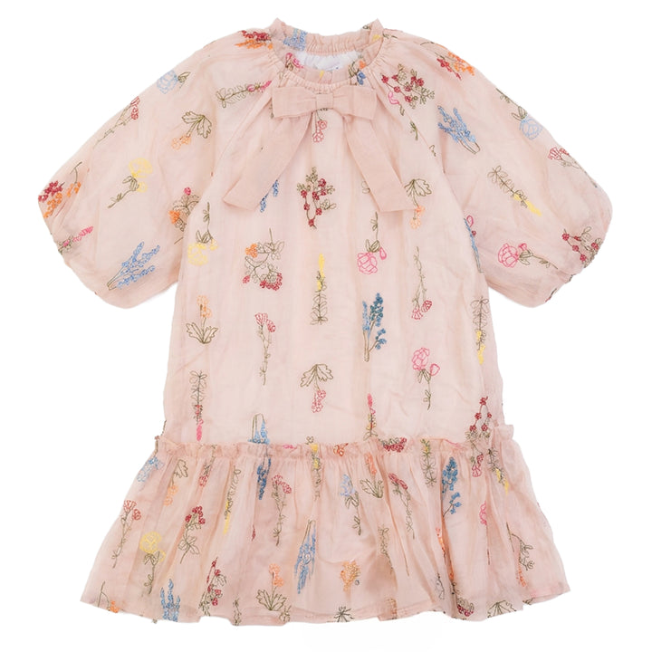 dress neck bow embroidered with puff 3/4 sleeves - peach