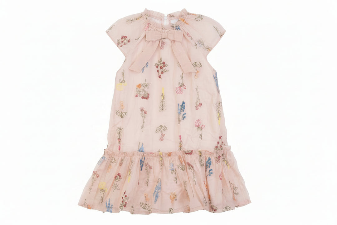 dress s/s neck bow embroidered with puff sleeves - peach