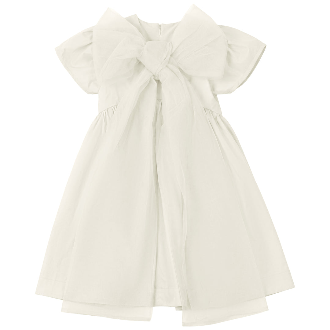 dress 3/4 sleeves high waisted taffeta tulle bow tie in back - cream